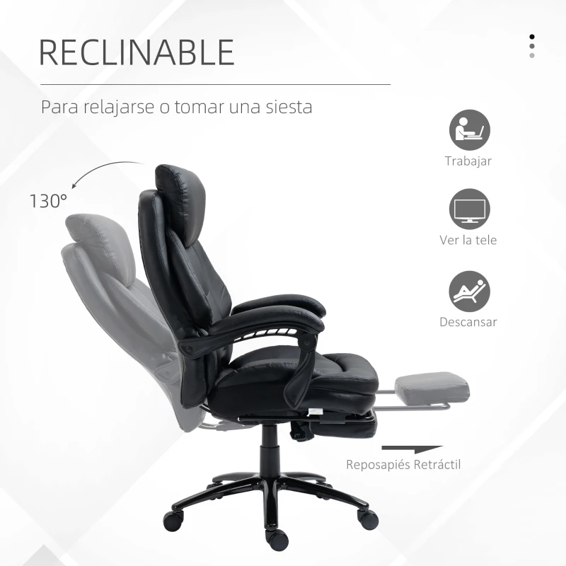 Vinsetto Silla de Oficina Ergonómica Silla de Escritorio Ajustable en Altura con Respaldo Inclinable hasta 130° Función Basculante y Resposapiés Retráctil Acero 65,5x79x112-118 cm Negro