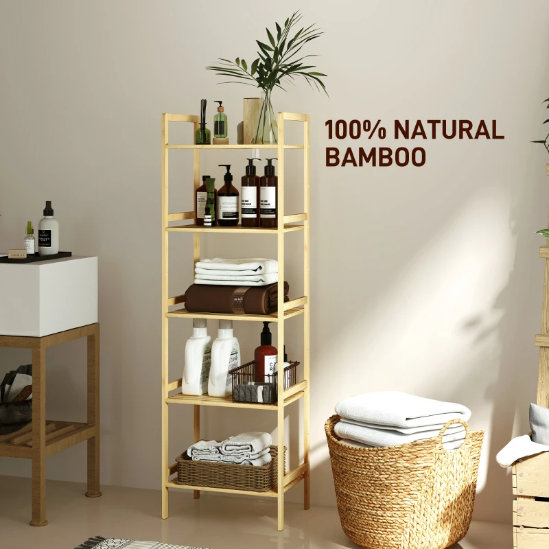 HOMCOM 5-Tier Bamboo Bathroom Storage Shelf, Freestanding Shelving Unit with Adjustable Rack for Kitchen Bathroom Living Room, Natural Wood Finish