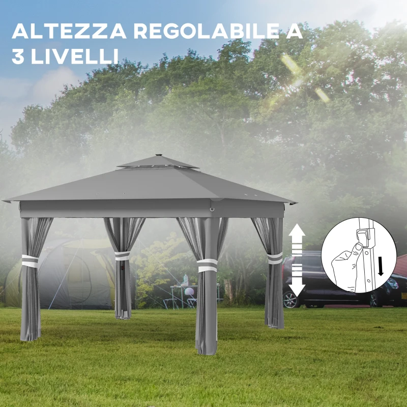 Outsunny Gazebo da Giardino ad Altezza Regolabile con Luci LED, in Acciaio e tessuto Oxford, 336x336x250-270 cm, Grigio