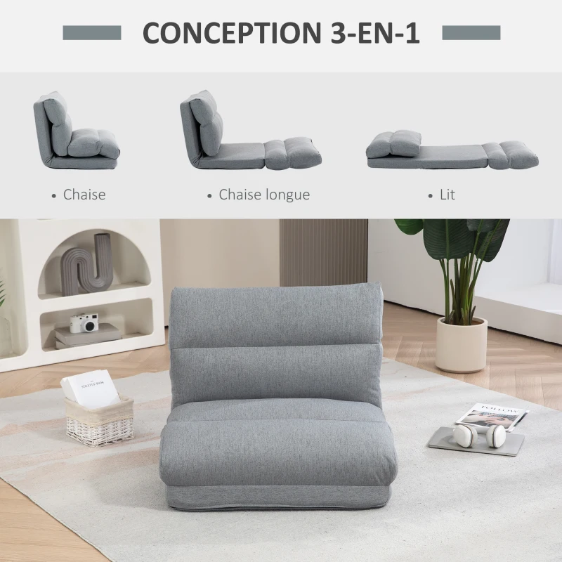 HOMCOM Fauteuil de sol canapé paresseux fauteuil convertible en lit inclinable 90° à 180° tissu - 70l x 72P x 56H cm - gris