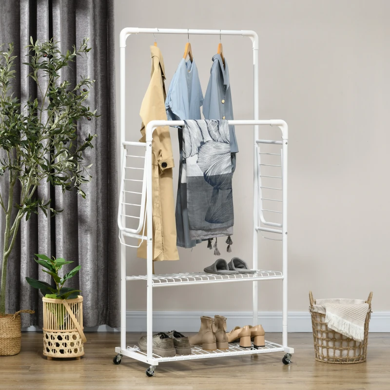 HOMCOM Perchero de Ropa con Ruedas Tendedero Vertical con 2 Alas Plegables 2 Rieles Colgantes 2 Estantes 153x43,7x171cm Blanco