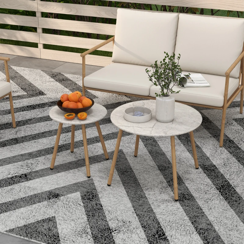 Outsunny Salotto da Giardino con Divano, 2 Poltroncine e 2 Tavolini Effetto Bambù con Cuscini, Marrone