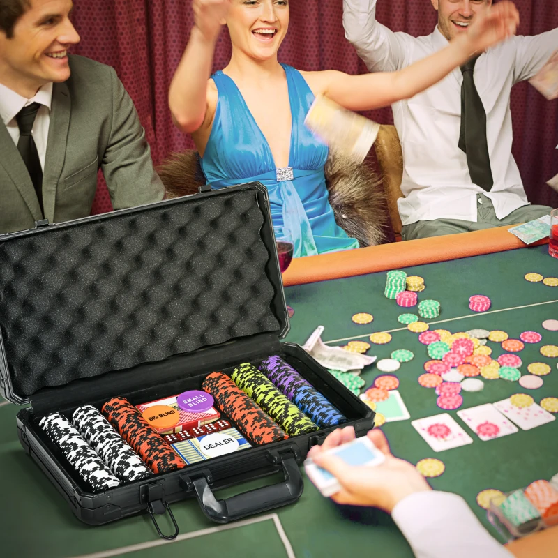 SPORTNOW Mallette de Poker Coffret de Poker Complet, avec 300 jetons 5 dés 2 Jeux de Cartes 3 boutons