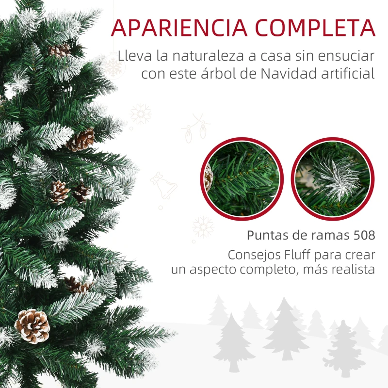 HOMCOM Árbol de Navidad Artificial de Nieve 180 cm con 508 Ramas 49 Piñas Base Plegable y Soporte de Acero Ø73x180 cm Verde