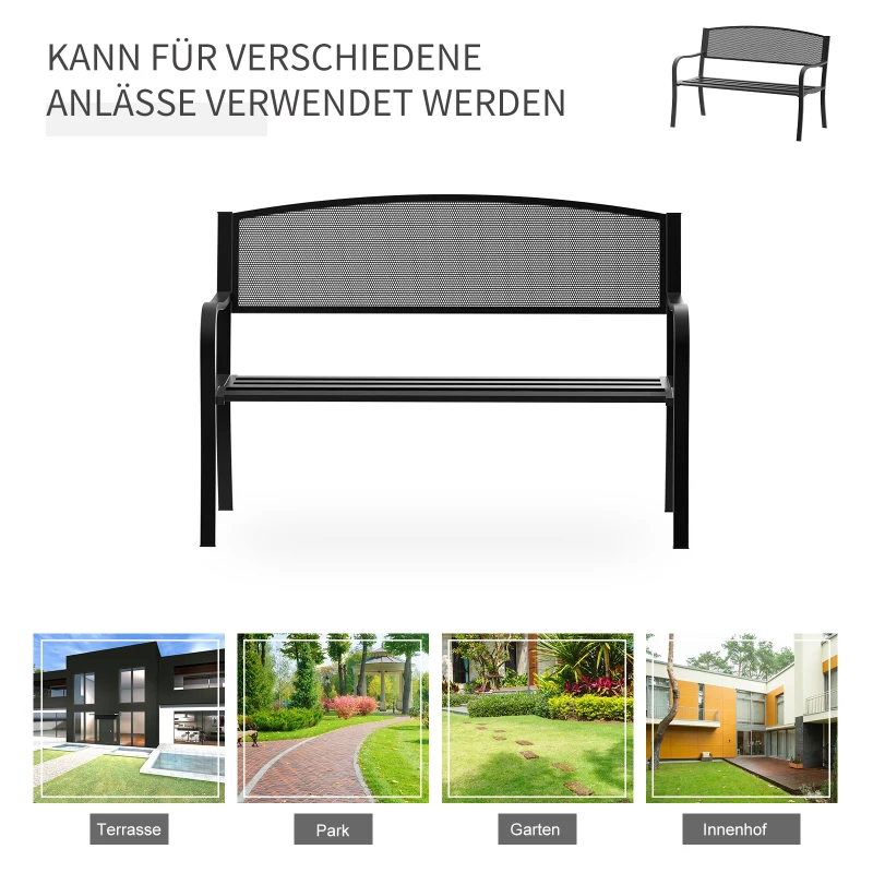 Outsunny Gartenbank Sitzbank Parkbank 2-Sitzer Garten Stahl Schwarz B127 x T60 x H87cm