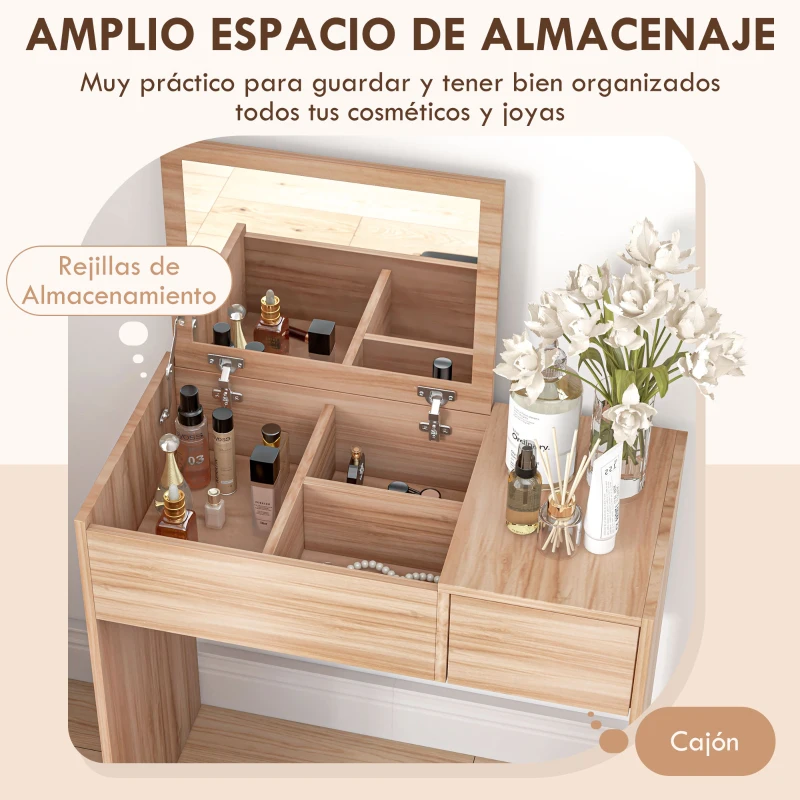 HOMCOM Tocador de Maquillaje con Taburete Mesa de Maquillaje con Espejo Tapa Abatible y Cajas 80x40x79 cm y 40x30x40 cm