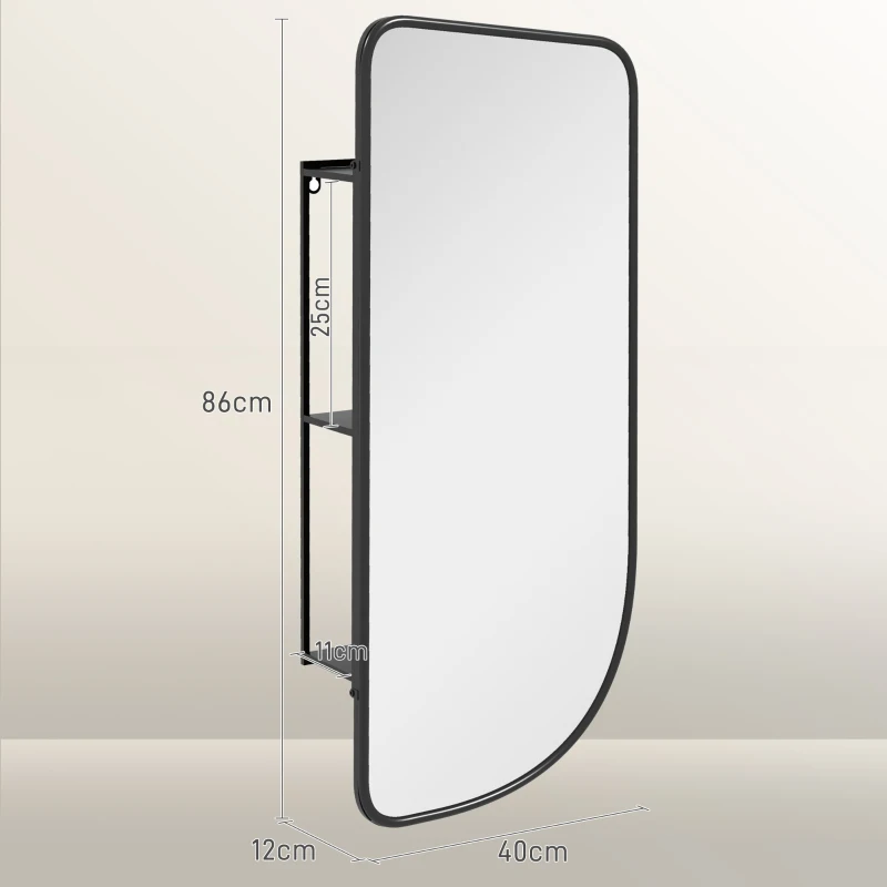 HOMCOM Miroir mural forme organique avec 3 étagères de rangement pour salle de bain, cadre en métal noir, dim. 40 x 86 cm