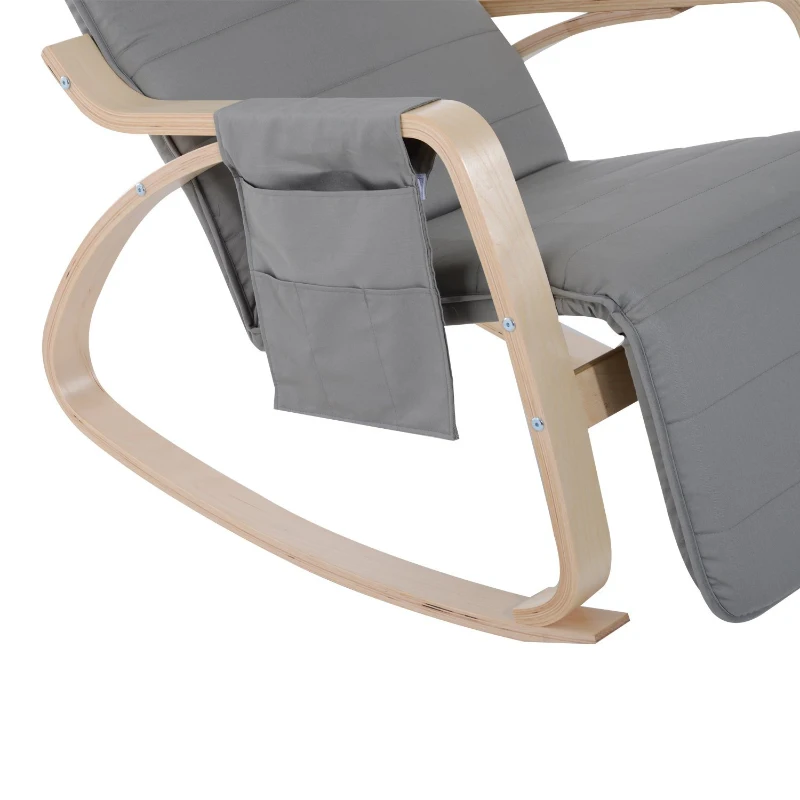 HOMCOM Silla de Relax Mecedora Balancín de Madera con Reposapiernas Ajustable y Bolsa para Revistas (Gris)