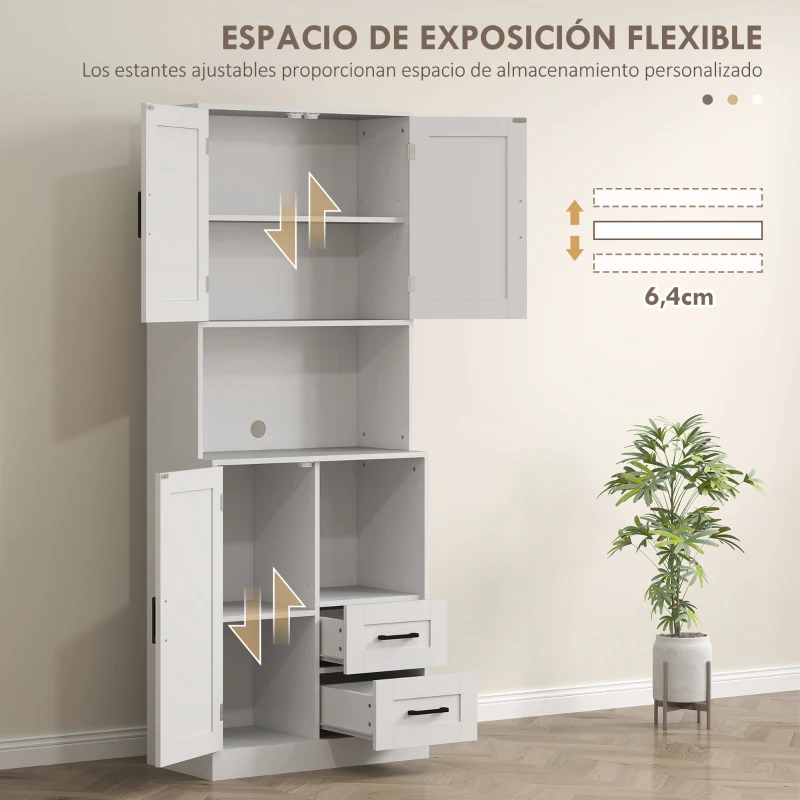 HOMCOM Armario de Cocina con Puertas Compartimentos Abiertos Cajones y Estantes Ajustables 70x40x180 cm Blanco