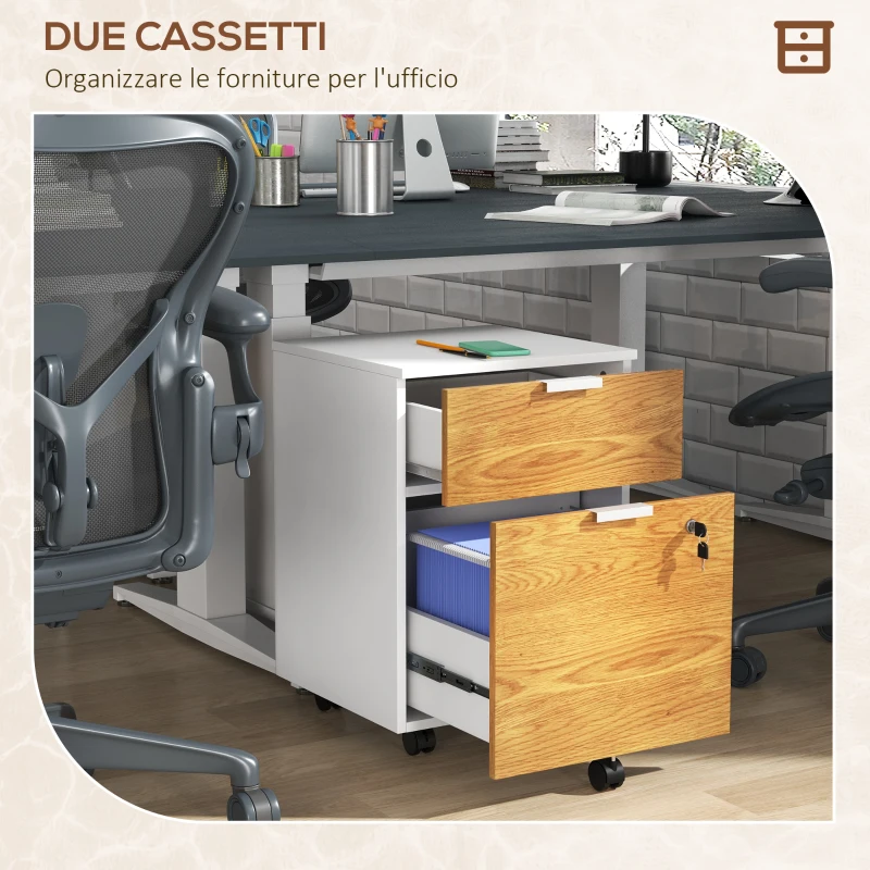 HOMCOM Cassettiera Ufficio a 2 Cassetti con Chiavi di Sicurezza e 5 Ruote, Legno, 42x40x60 cm, Bianco e Legno