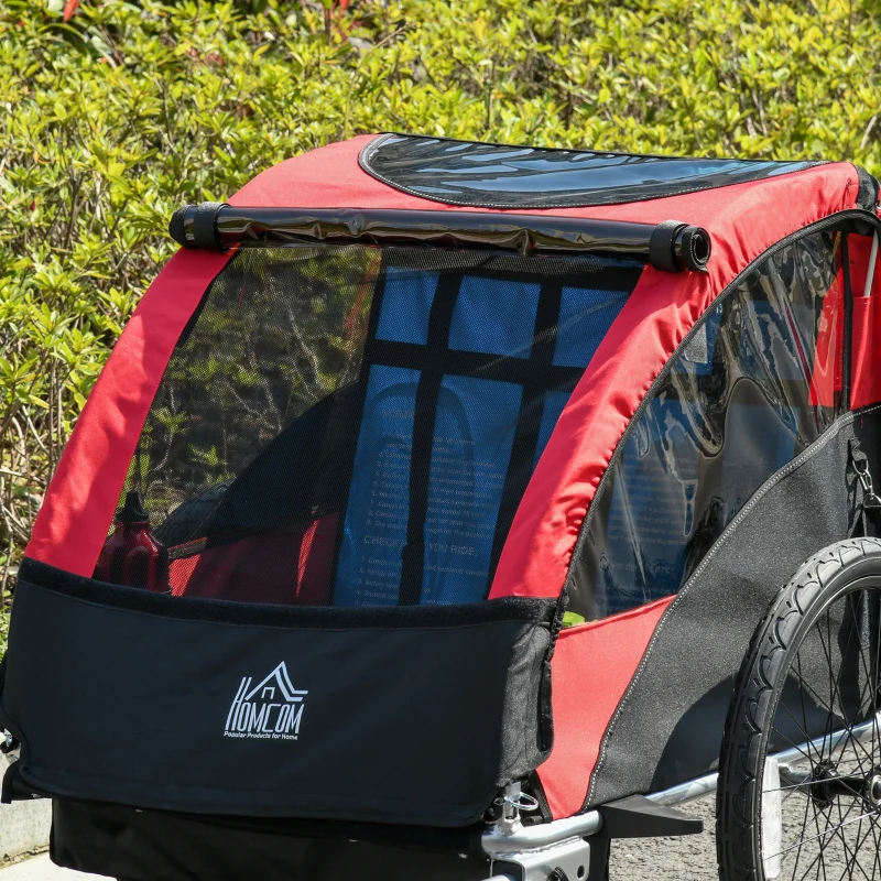 HOMCOM Child Bike Trailer Foldable 2-Seat Baby Transport Carrier with Storage Bag Five-point Safety Harness Hitch Coupler Red