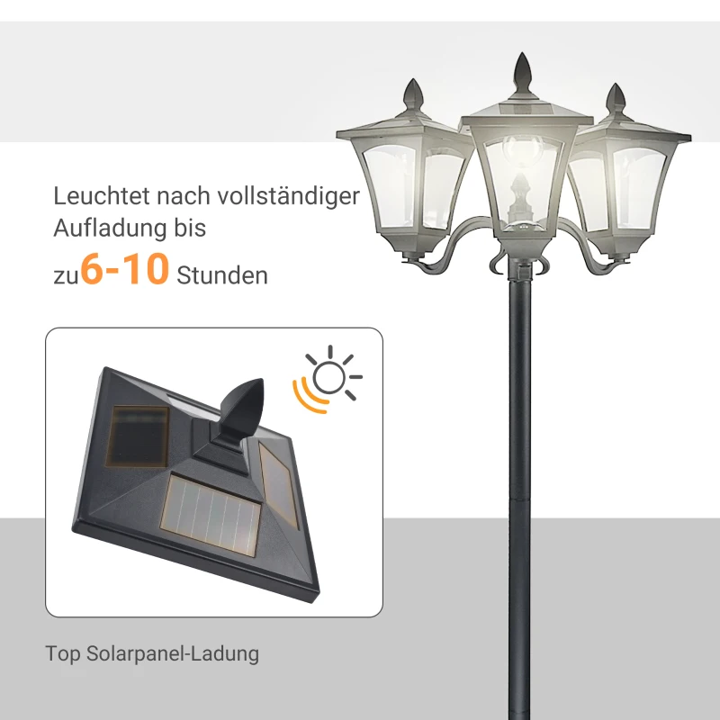 Outsunny Solar Gartenlaterne mit 3 flammig Laterne Mast aus Edelstahl Solarlaterne mit LED 120 Lumen 51,5x47x182,5cm Wegeleuchte IP44 für Garten Balkon Schwarz