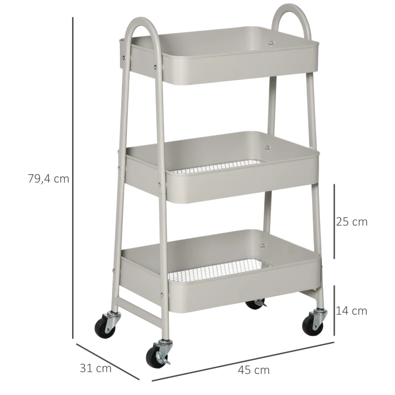 HOMCOM Carrito Auxiliar con Ruedas Carro de Almacenaje de 3 Niveles para Baño Salón Cocina Oficina 45x31x79,4 cm Gris