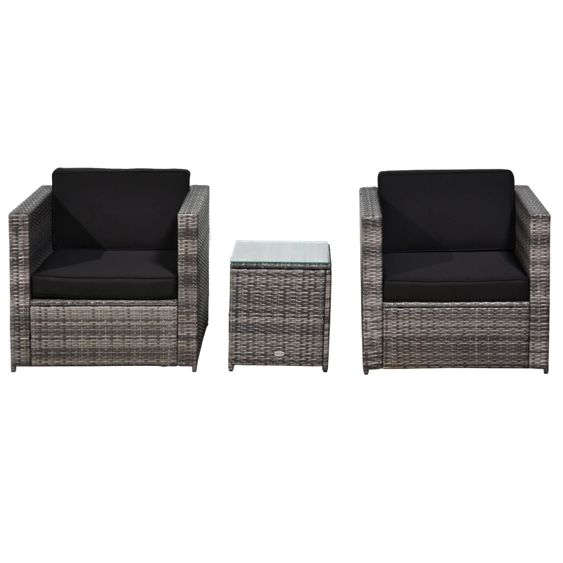 Outsunny 3 Pieces Rattan Bistro Set, Wicker Garden Furniture Set with Glass Top Coffee Table and Chairs, Thickened Washable Cushions for Outdoor, Patio, Balcony, Grey