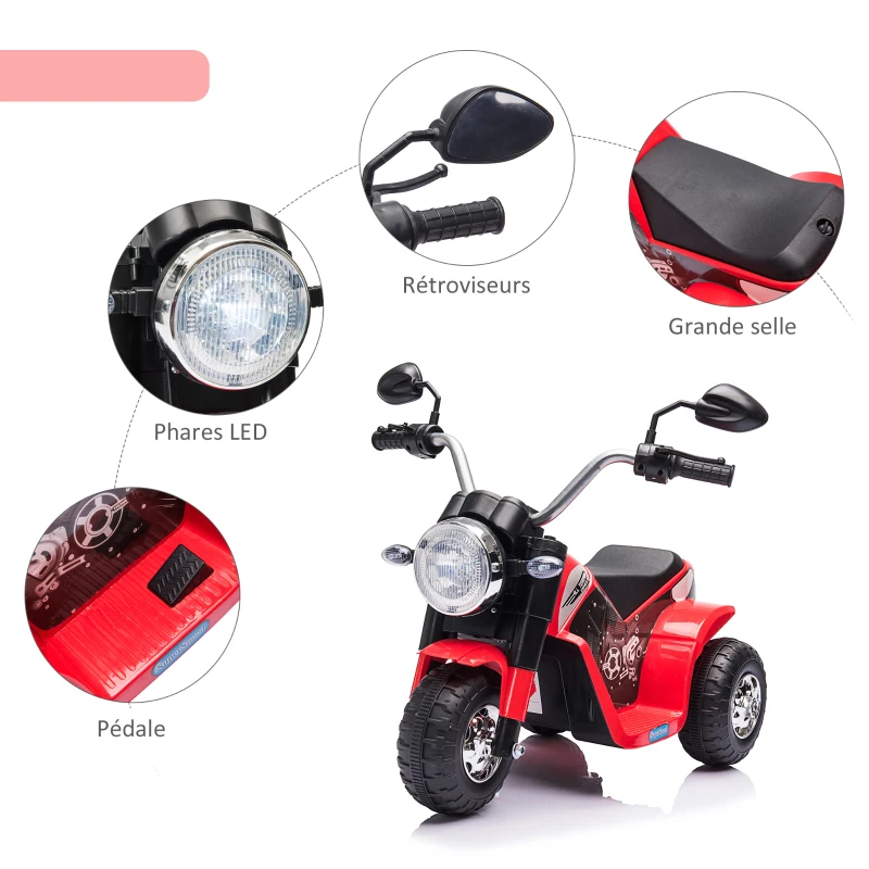 HOMCOM Moto électrique Enfant Chopper Tout-Terrain 6 V 20 W Marche AV AR 3 Roues Effets Lumineux et sonores Rouge Noir