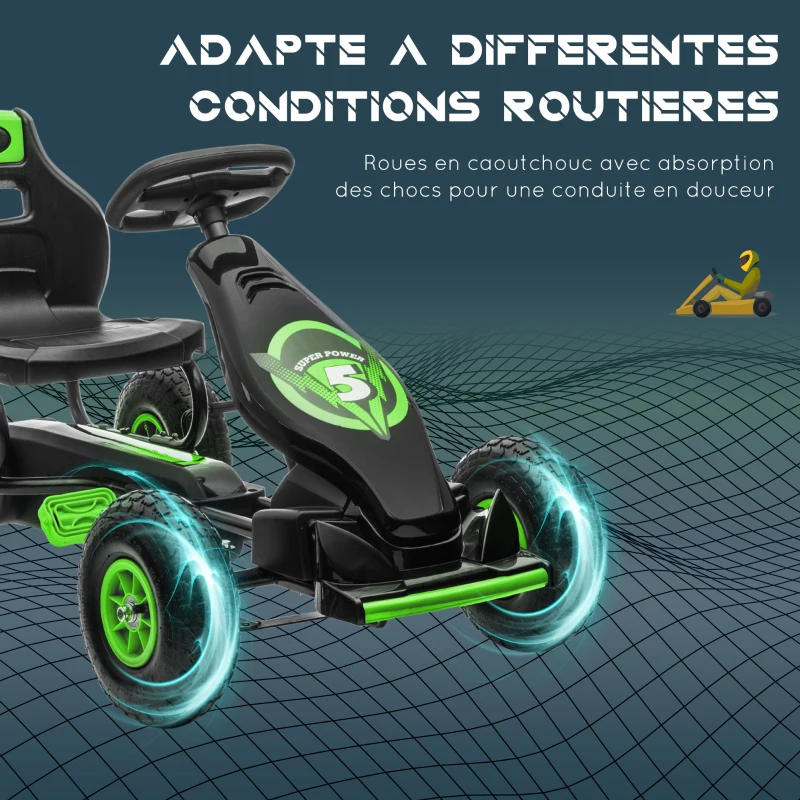 HOMCOM Kart à pédales pour enfant siège réglable 3 positions frein à main enfant de 5 à 12 ans vert noir