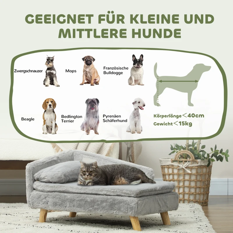 PawHut Hundesofa, weicher Plüschbezug, 2 Kissen, für Hunde bis 15 kg, 70 x 42,5 x 38,5 cm, Hellgrau