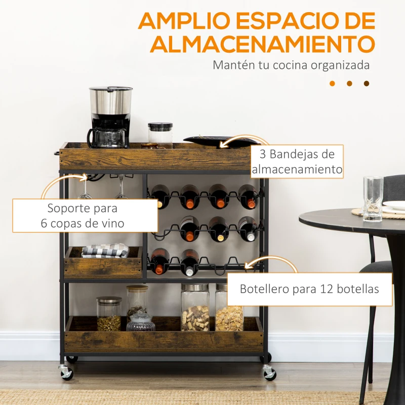 HOMCOM Carrito de Cocina de Estilo Industrial con Ruedas Botellero y Soporte para 6 Copas 86,5x40x91,5 cm Marrón Rústico
