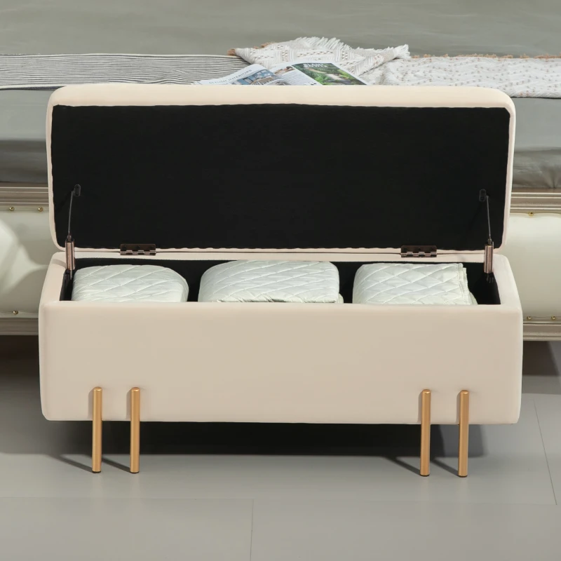 HOMCOM Polsterbank mit Stauraum, Truhenbank, Schaumstoff, Metall, Kautschukholz, 100 x 40 x 42 cm, Beige(m-8)
