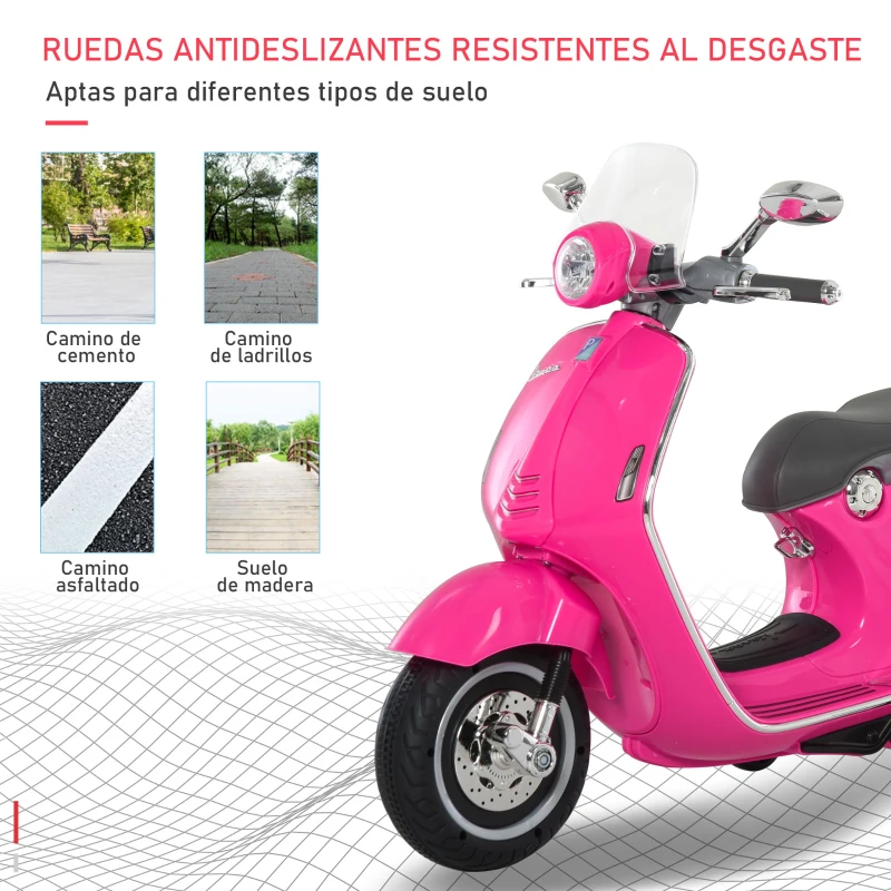 HOMCOM Moto de Batería Autorizada de VESPA con Faros Música 2 Ruedas Auxiliares 108x49x75 cm Rosa(m-7)