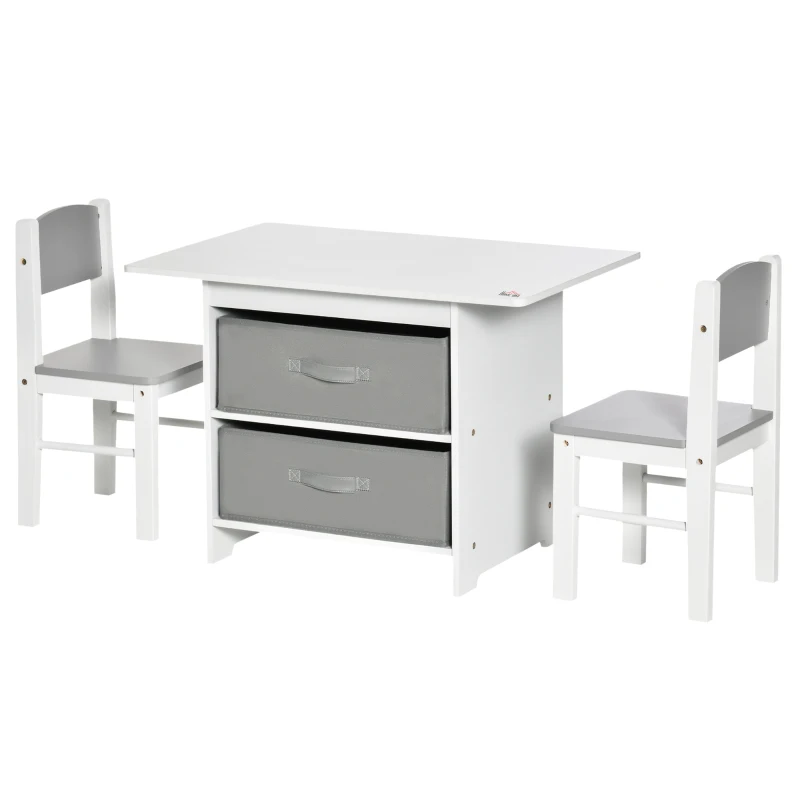 HOMCOM Juego de Mesa Infantil y 2 Sillas de Madera con 2 Cajones de Tela de Almacenamiento Muebles para Niños Escritorio 71x48x49 cm con Sillas 29x27x53 cm Blanco y Gris