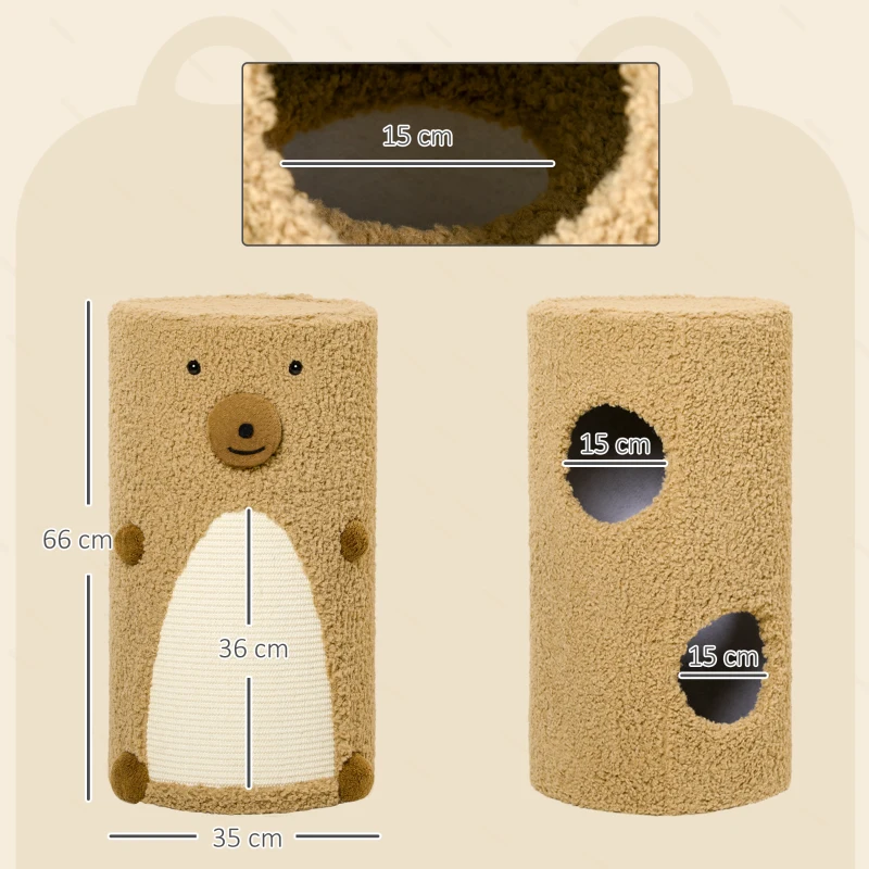PawHut Kratztonne im Bärendesign, 2 Katzenhöhlen, 1 Kratzfläche, Weiß + Braun