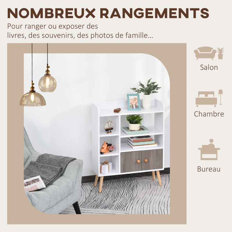 HOMCOM Meuble buffet scandinave bibliothèque meuble de rangement en bois panneaux de particules blanc gris