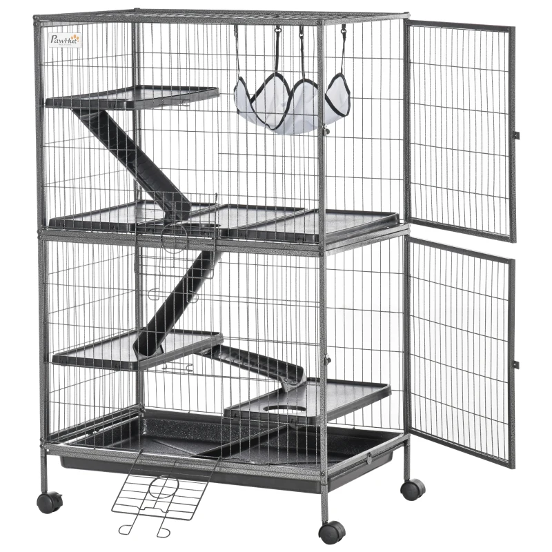 PawHut Kleintierkäfig mit Hängematten Nagervoliere mit Rollen 4 stöckig Käfig XXL geeignet für Hamster Kleintiere Meerschweinchen Metall Kunststoff Silber+Grau 80 x 52 x128 cm