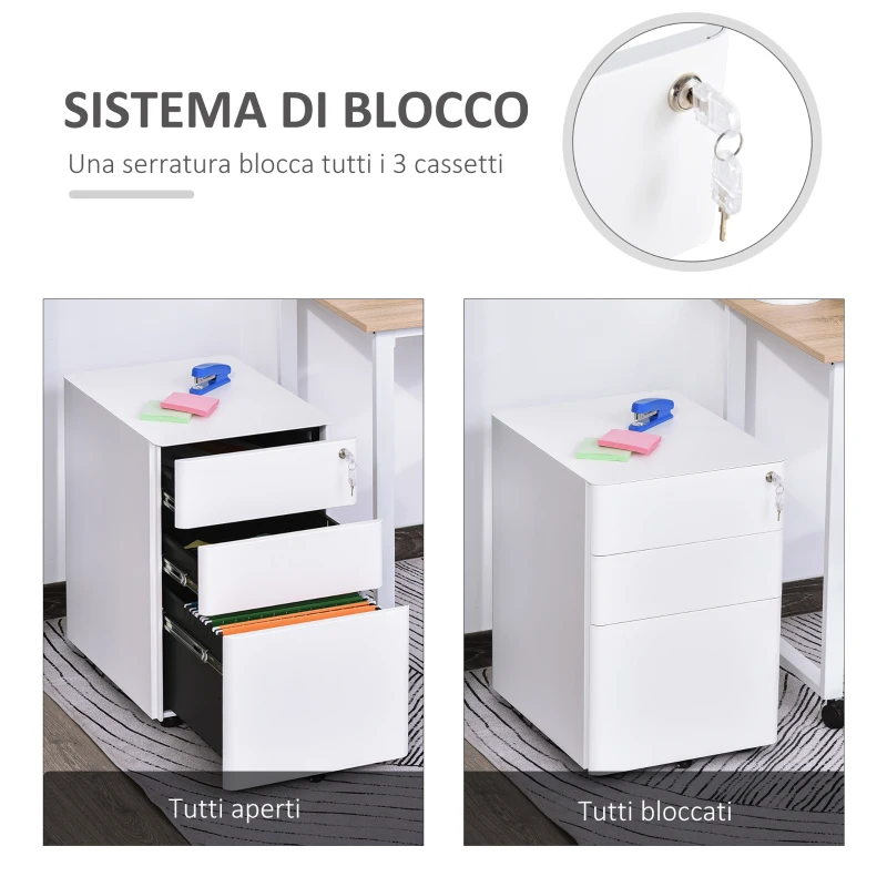 Vinsetto Cassettiera da Ufficio 3 Cassetti in Acciaio con Serratura e Rotelle, 39x48x59cm, Bianco