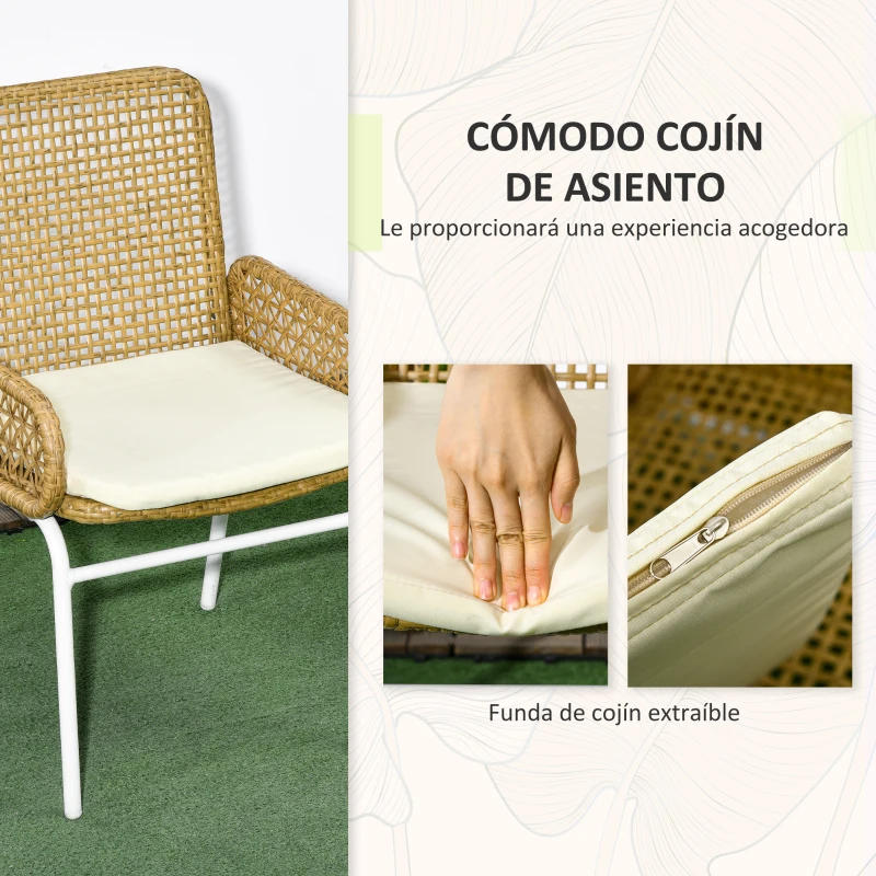 Outsunny Juego de 3 Piezas Sillas y Mesa de Ratán con 2 Sillas 1 Mesa de Centro y Cojines para Terraza Patio Natural