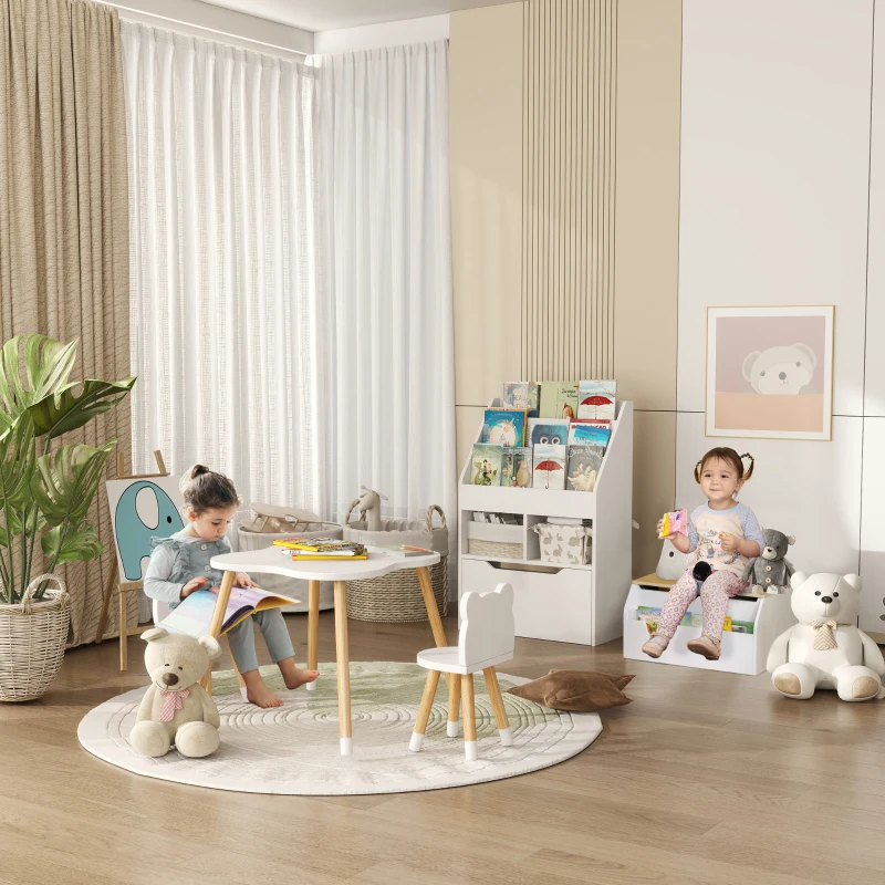 HOMCOM 3-teiliges Kindertisch-Set bogenförmige Kindersitzgruppe Tisch mit 2 Stühlen MDF Tischbeine aus Kiefernholz Weiß+Naturholz 56 x 56 x 50 cm