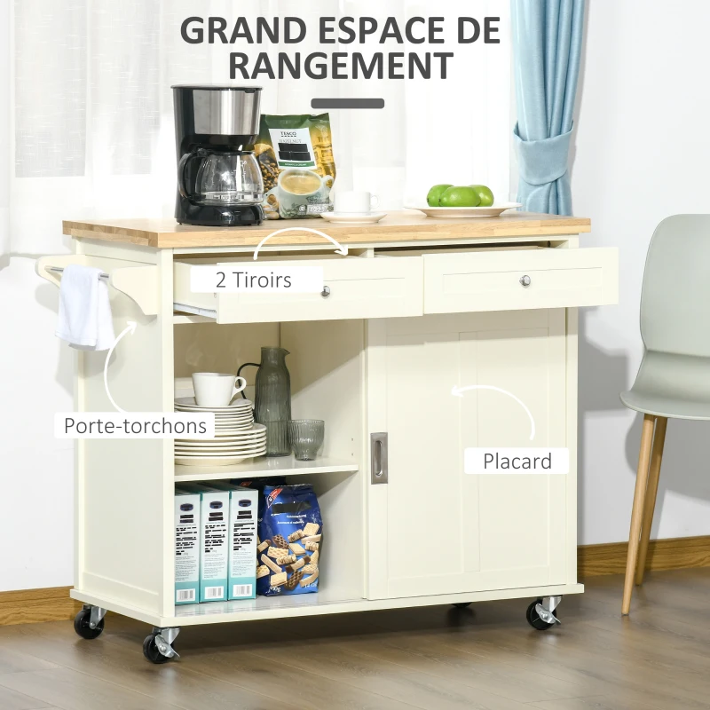 HOMCOM Desserte îlot de cuisine - 2 tiroirs, 2 placards portes coulissantes avec étagères - dim. 110L x 49l x 89H cm - MDF écru plateau bois caoutchouc
