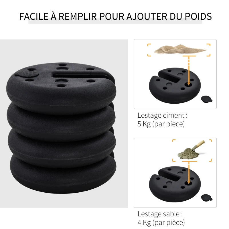 Outsunny Lot de 4 lestages pour parasols dalles de parasol rond pour tonnelle barnum tente à remplir avec 20 kg d'eau / 16 kg de sable dim. Ø 25 x 6H cm HDPE noir