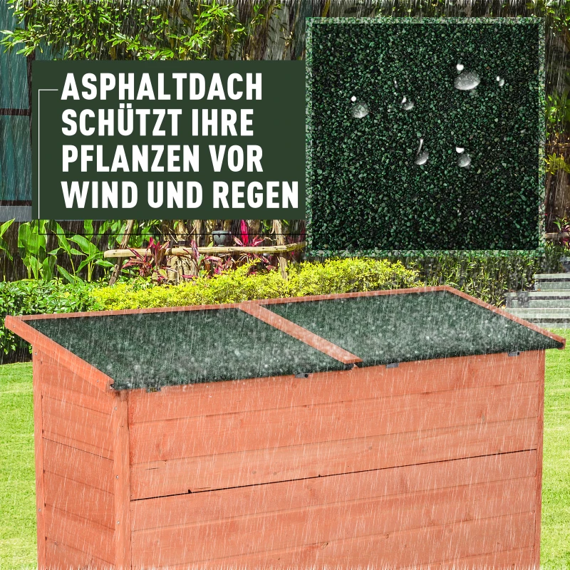 Outsunny Gartenschrank Holz Geräteschuppen mit Fachböden Gerätehaus Gartenhaus mit 3 Fächern 2 Türen Asphaltdach Massivholz Natur 128 x 49 x 80/91 cm