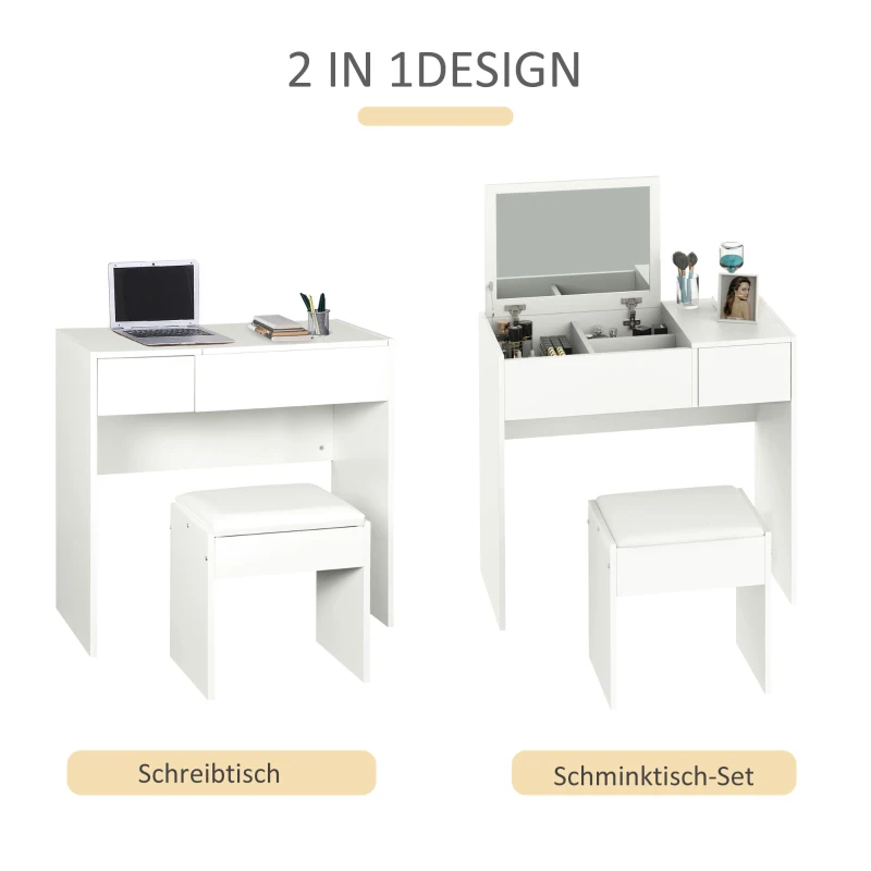 HOMCOM Schminktisch Frisiertisch Kosmetiktisch Klappspiegel mit Hocker Weiß 80 x 40 x 79cm