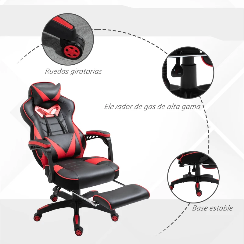 Vinsetto Silla Gaming Ergonómica Silla de Escritorio de Oficina Regulable en Altura Reclinable Respaldo 65x70x118,5-128,5cm Rojo
