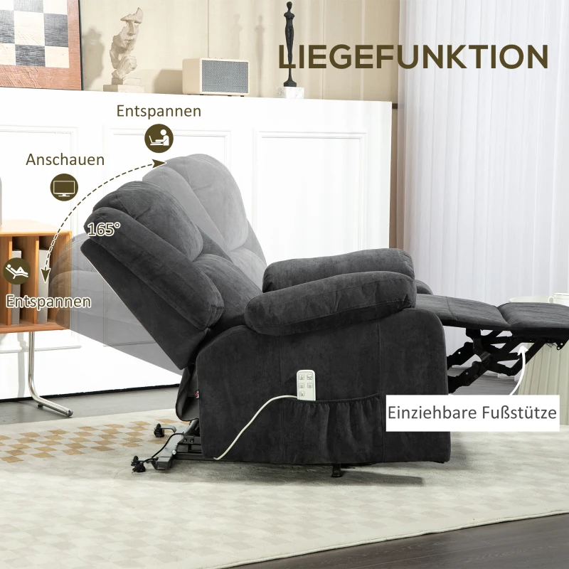 HOMCOM Relaxsessel mit Aufstehhilfe, verstellbare Kopfstütze, klappbare Rückenlehne, gepolsterte Armlehnen, Schwarz