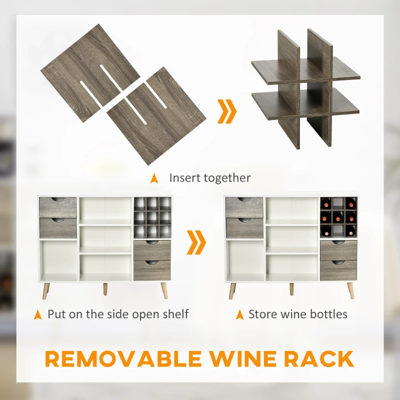 HOMCOM Buffet Sideboard, Kitchen Storage Cabinet, Bar Cabient with Removable Wine Rack, Drawers and Open Compartments, Grey