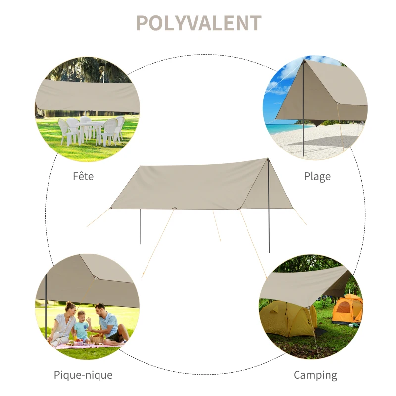Outsunny Tente tarp de camping bâche 4 x 3 m protection solaire avec 2 mâts et sac de transport multifonction kaki