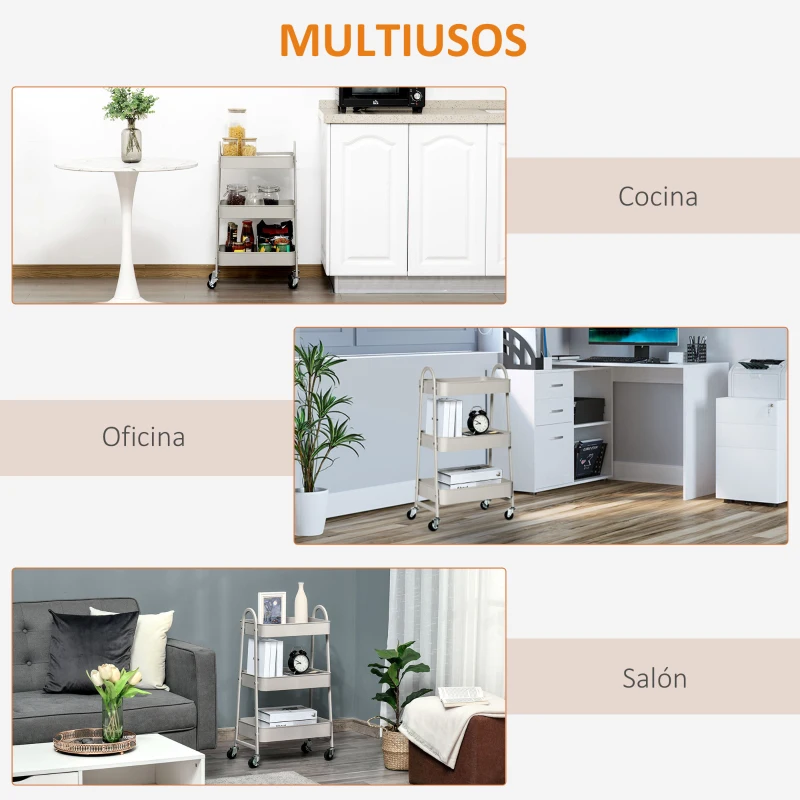 HOMCOM Carrito Auxiliar con Ruedas Carro de Almacenaje de 3 Niveles para Baño Salón Cocina Oficina 45x31x79,4 cm Gris