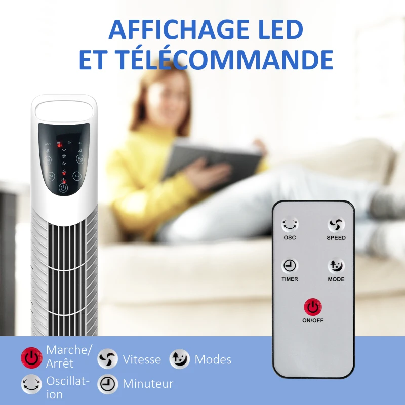 HOMCOM Ventilateur colonne tour oscillant silencieux 40 W télécommande panneau contrôle tactile 3 vitesses Ø18 x 78,5H cm blanc