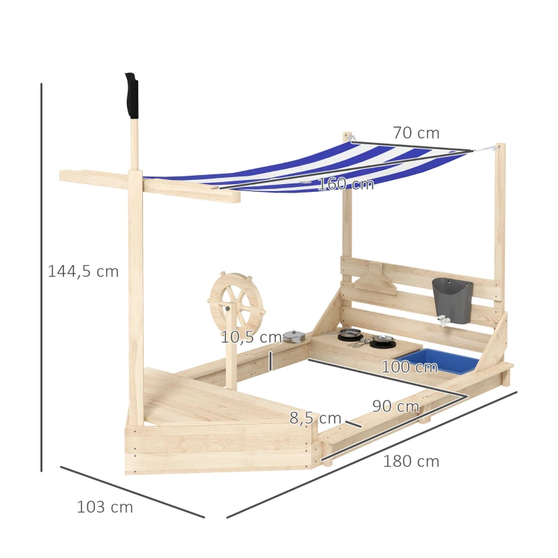 Outsunny Sandkasten mit Sonnendach Piratenschiff, inkl. Kinderküchenspielset, Massivholz, 180 x 103 x 144,5 cm, Natur + Blau(m-3)