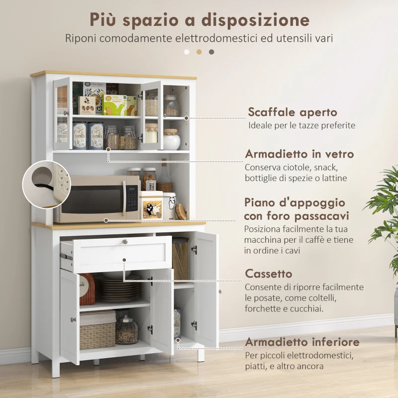 HOMCOM Dispensa Cucina con Cassetti, Ripiani Aperti e Scaffali Regolabili in Legno, 100x40x180 cm, Bianco