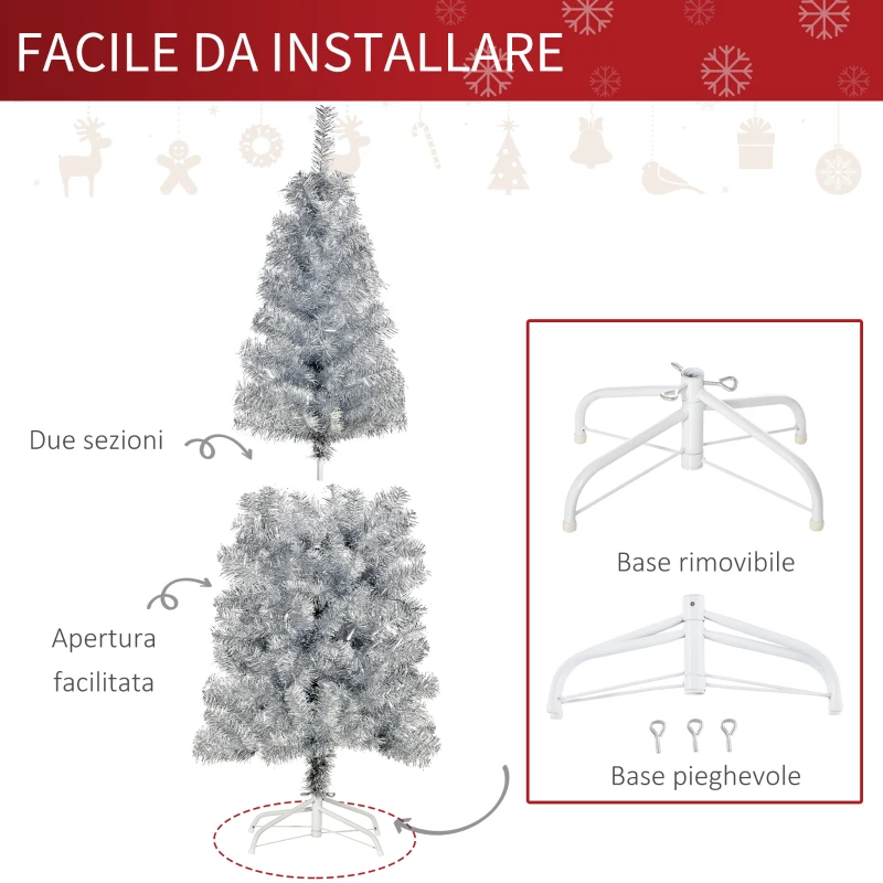 HOMCOM Albero di Natale Slim Artificiale Alto 150cm con 408 Rami, Albero di Natale Slim con Base Rimovibile, in PET e Acciaio, Argento