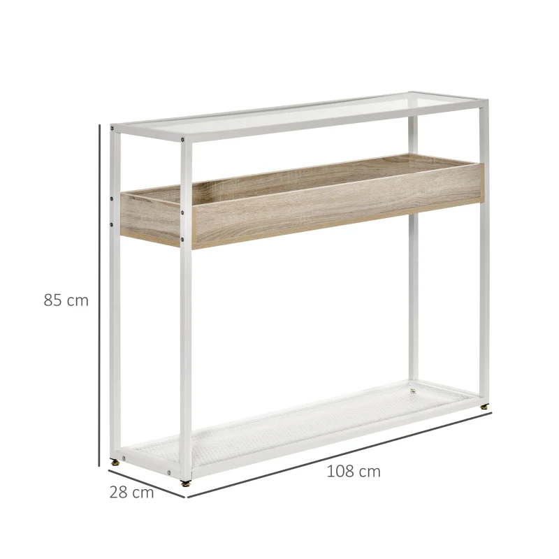 HOMCOM Mesa Consola de Entrada 108x28x85 cm Mueble Recibidor con Encimera de Cristal Estante y Rejilla Inferior Marco de Acero para Pasillo Salón Extremo del Sofá Blanco