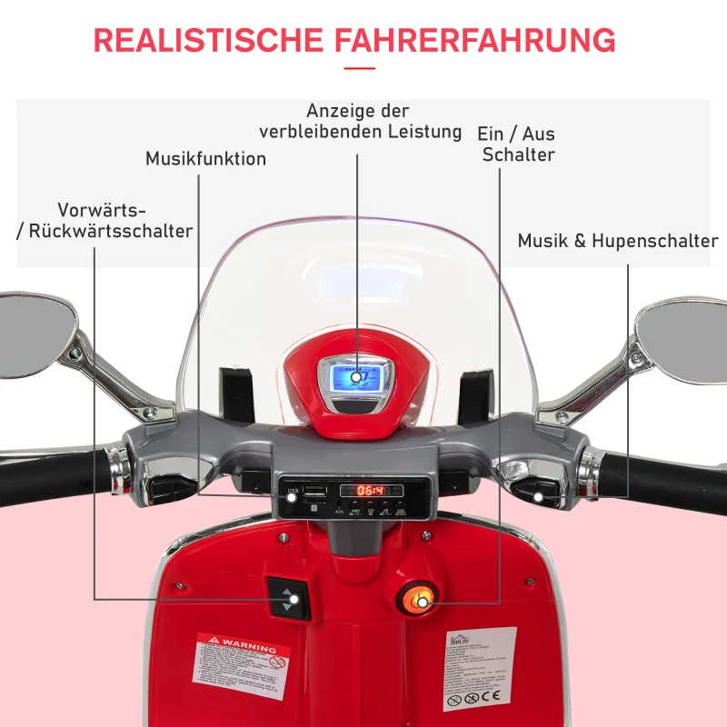 HOMCOM Elektro Kindermotorrad Elektromotorrad mit MP3, Musik, Scheinwerfer, Vor- und Rückwärtsgang, Kinder Elektro Motorrad für 3-6 Jahre Kinder, Rot