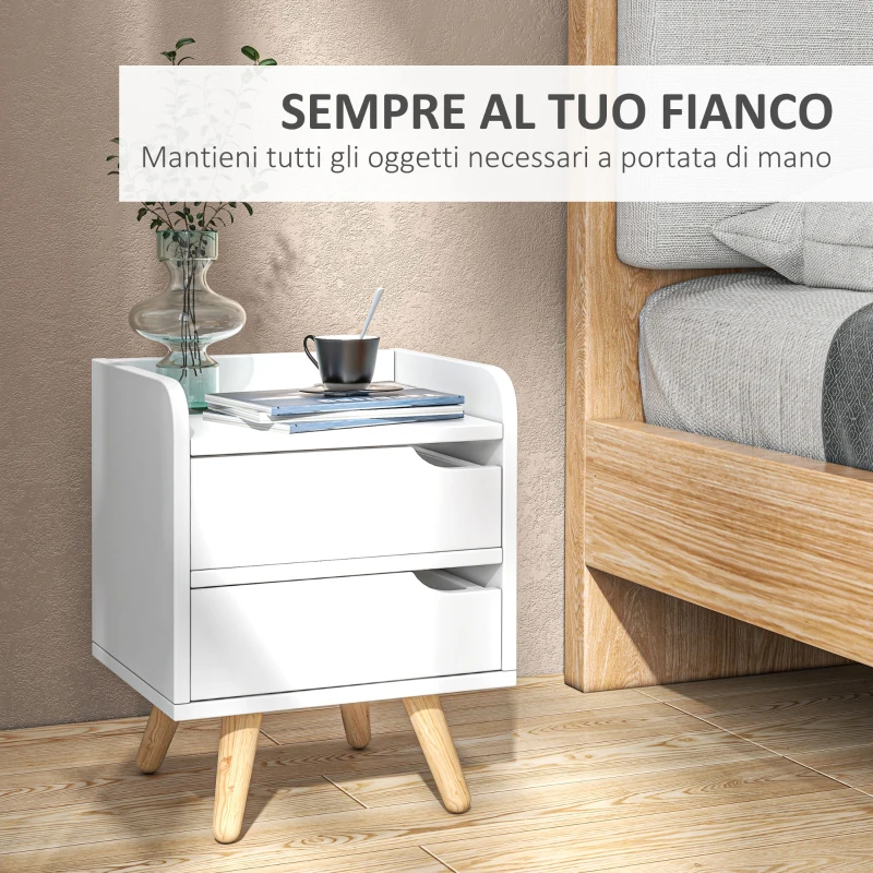 HOMCOM Comodino da Camera da Letto Salvaspazio, Moderno Comodino con 2 Cassetti, Design Semplice, Legno Bianco, Piedini in Legno di Pino, 33 x 28 x 42cm, Bianco