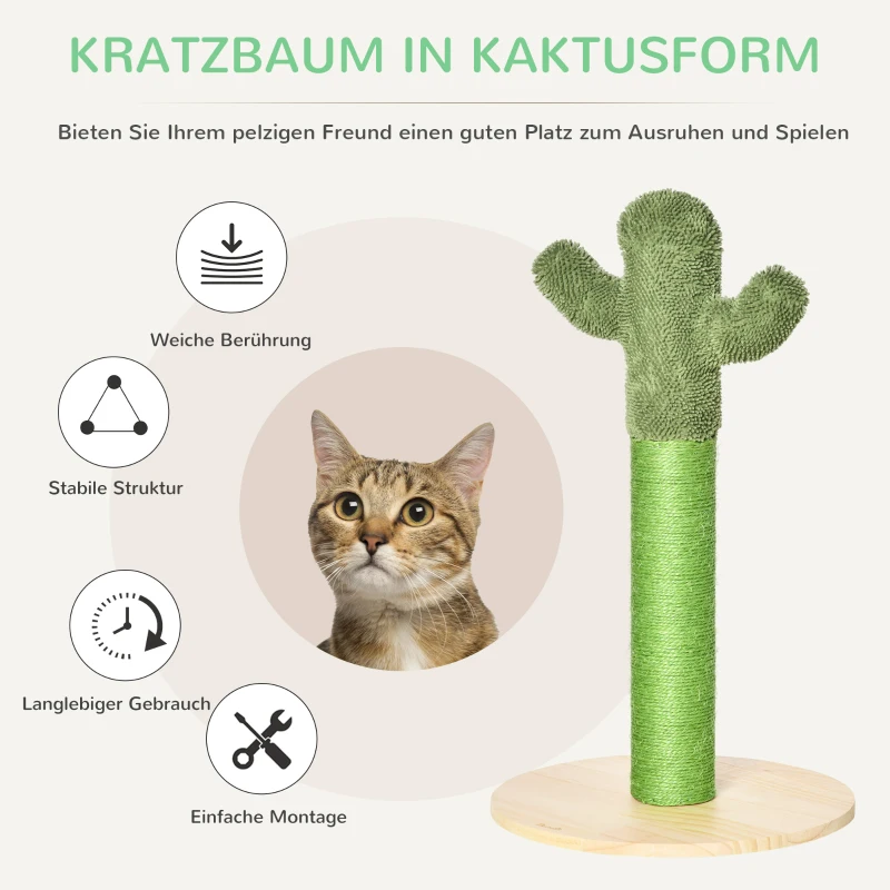 PawHut Kratzsäule für Katzen Kaktus-Kratzstämme Kratzbaum Katzenbaum Kiefernholz Sisal Seil Kratzstamm Spielzeug für Katzen 65 cm Hoch Grün+Natur