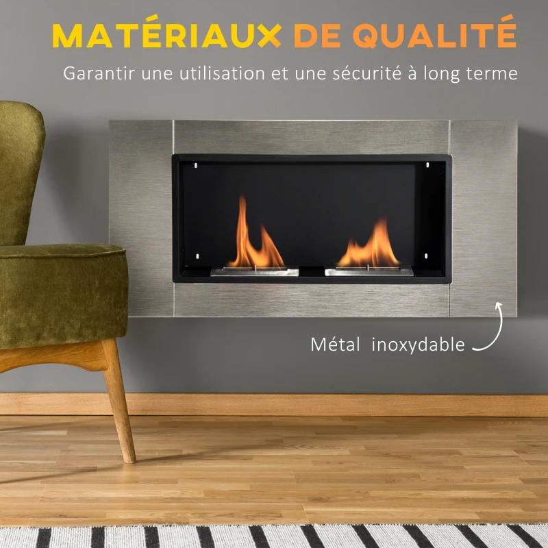 HOMCOM Cheminée bioéthanol Murale encastrable brûleur 2*0,9 L, environ 3 h de durée de combustion 110L x 14,5l x 54H cm Couverture 25-30 m² Acier inox