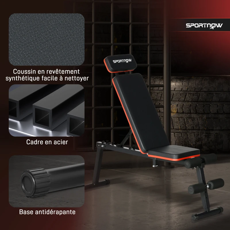 SPORTNOW Banc de musculation dossier réglable 5 niveaux banc d'haltère multifonctionnel acier revêtement synthétique noir